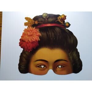 Vintage Asian Woman Paper Mask Geisha Style Costume Eye Mask Floral Hair